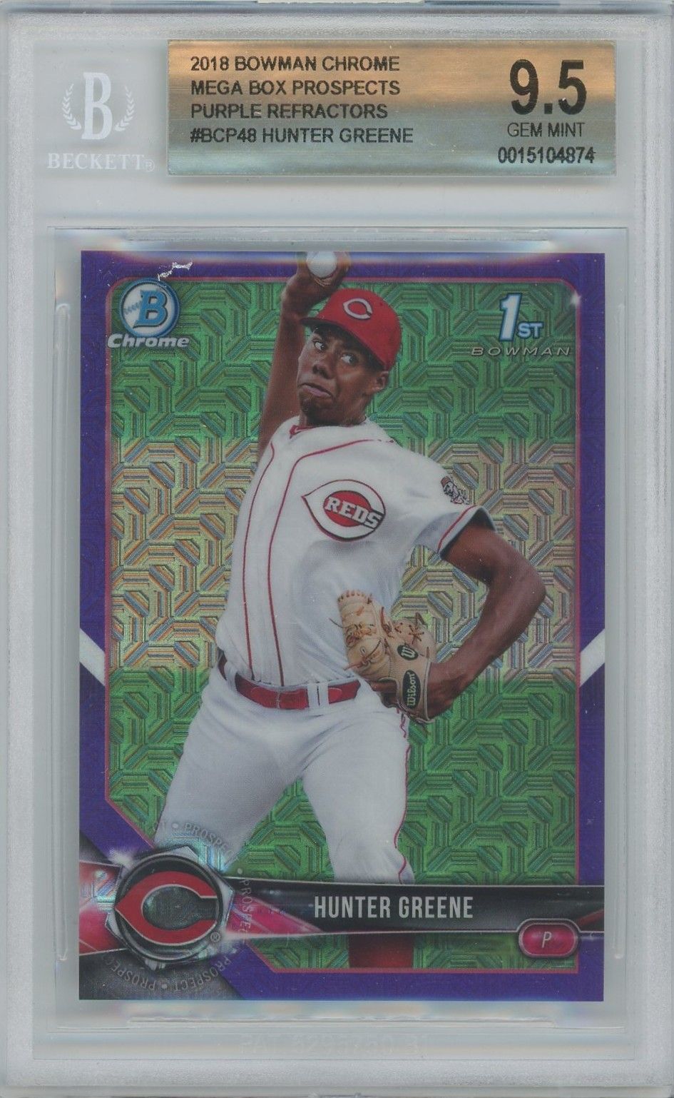 Hunter Greene 2018 Bowman Chrome Purple Refractor 1st Bowman #BCP48 BGS 9.5