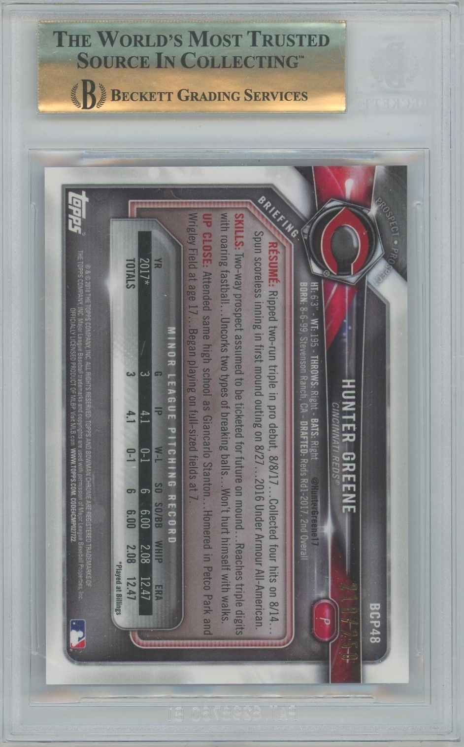Hunter Greene 2018 Bowman Chrome Purple Refractor 1st Bowman #BCP48 BGS 9.5