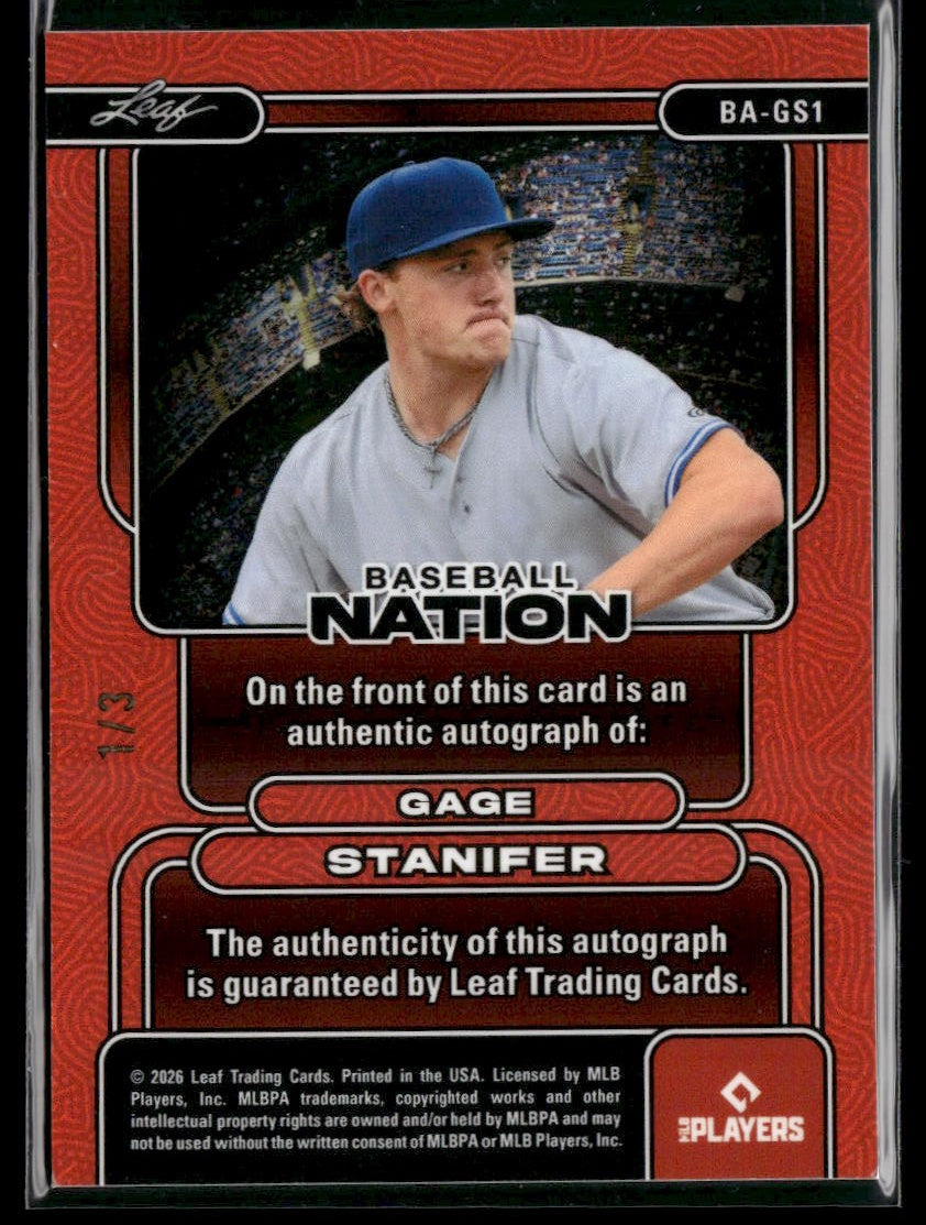 2026 Leaf Baseball Nation Gage Stanifer Red Auto #/3 #BA-GS1