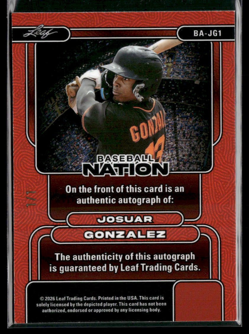 2026 Leaf Baseball Nation Josuar Gonzalez Auto Sparkle Gold #1/1 #BA-JG1