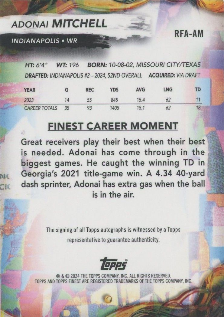 Adonai Mitchell 2024 Topps Finest Rookie RC Auto #RFA-AM