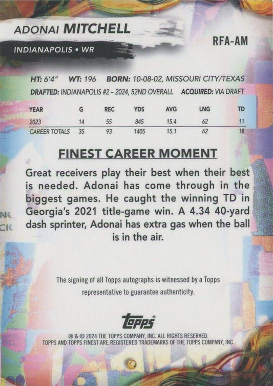 Adonai Mitchell 2024 Topps Finest Rookie RC Auto #RFA-AM