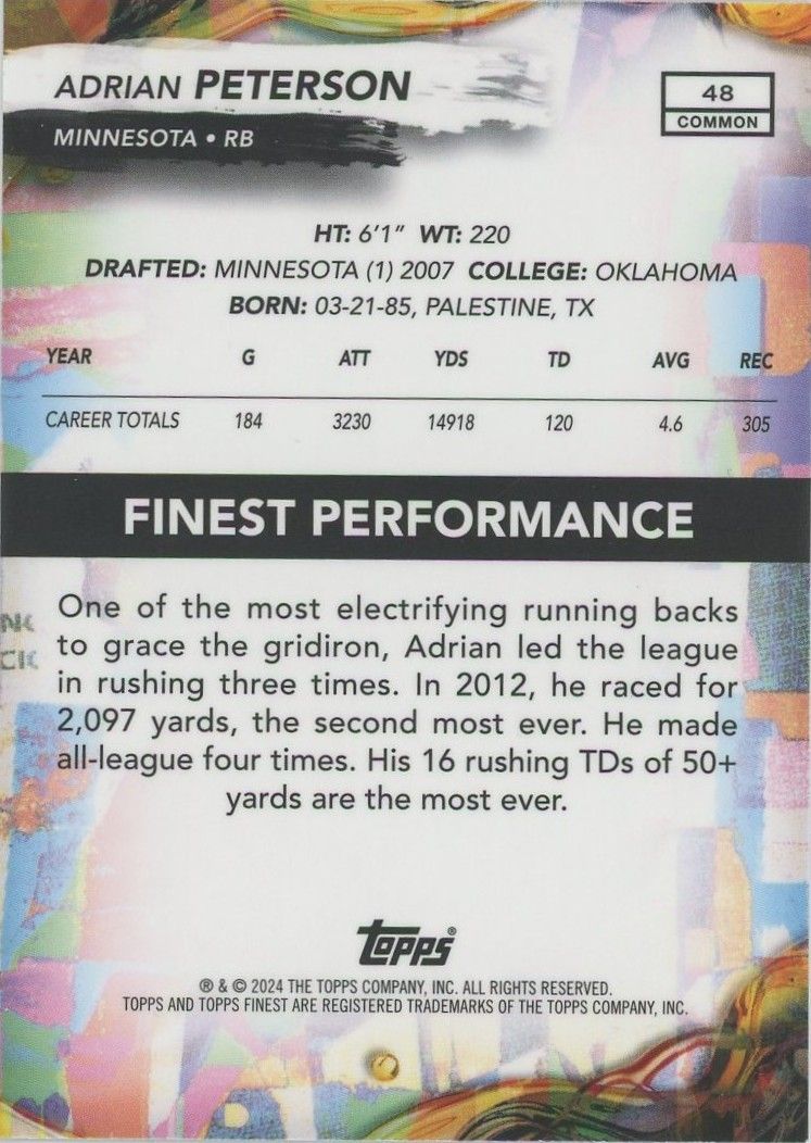 Adrian Peterson 2024 Topps Finest Sky Blue #14/325 #48