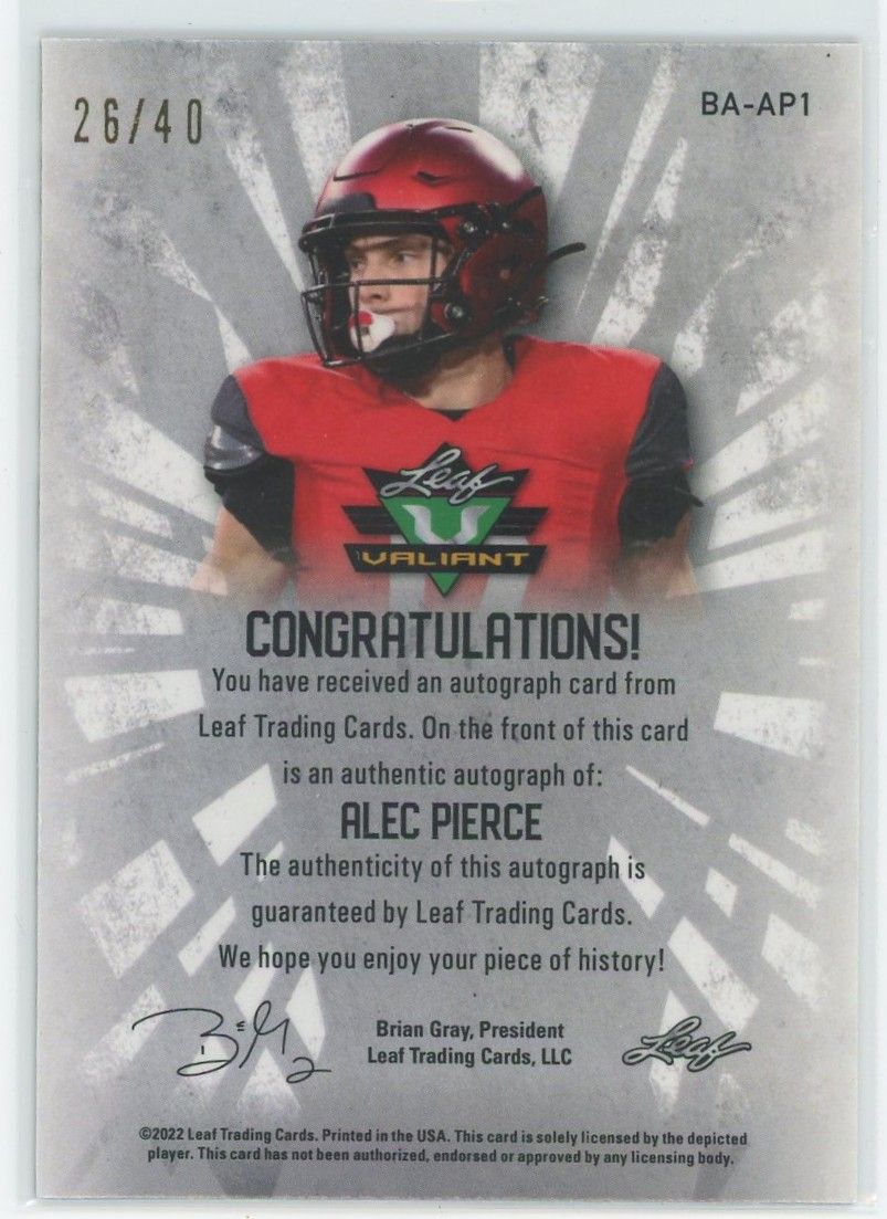 2022 Leaf Valiant Football Alec Pierce Green Auto XRC #26/40 #BA-AP1
