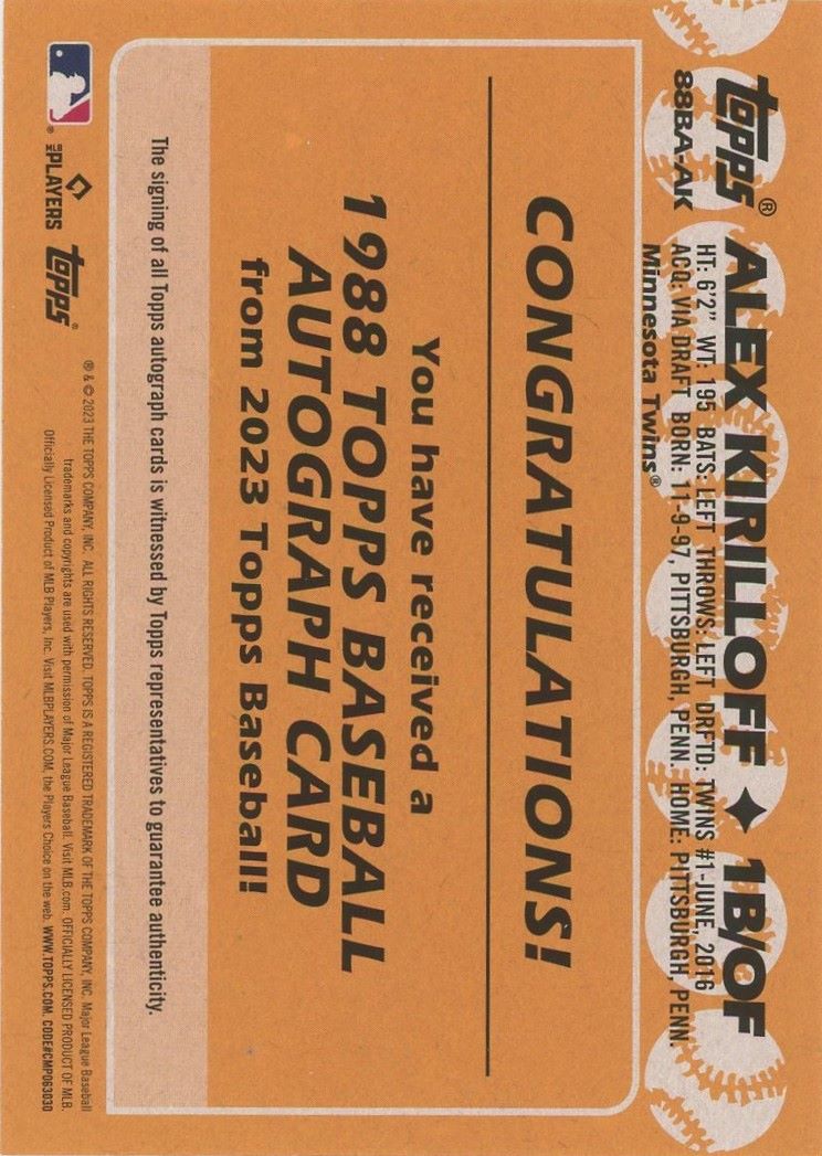Alex Kirilloff 2023 Topps Series 2 1988 Autograph #88BA-AK Auto Minnesota Twins