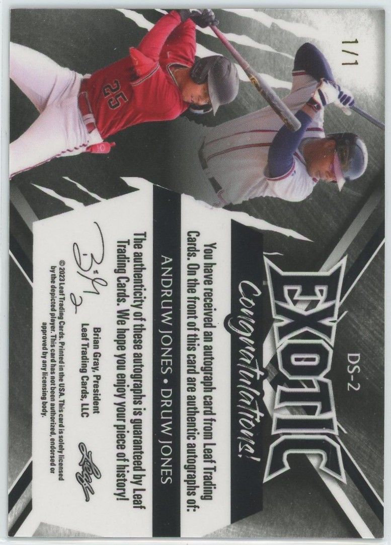 2023 Leaf Exotic Druw Jones/Andruw Jones Cracked Ice Butterfly Auto #1/1 #DS-2