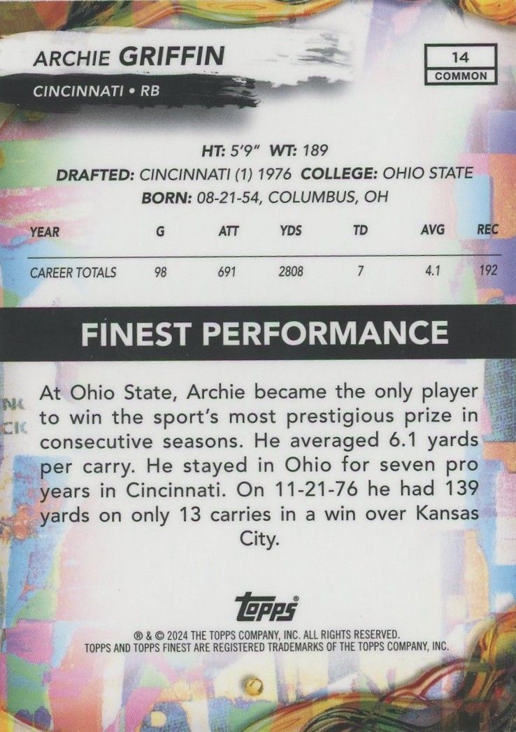Archie Griffin 2024 Topps Finest Blue Refractor #30/200 #14 CIncinnati