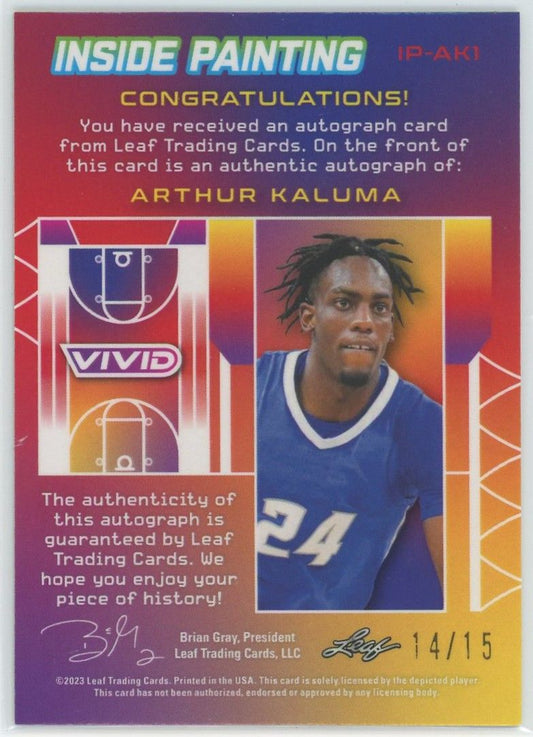 2022-23 Leaf Vivid Basketball Arthur Kaluma Inside Painting Green Auto #14/15 #IP-AK1