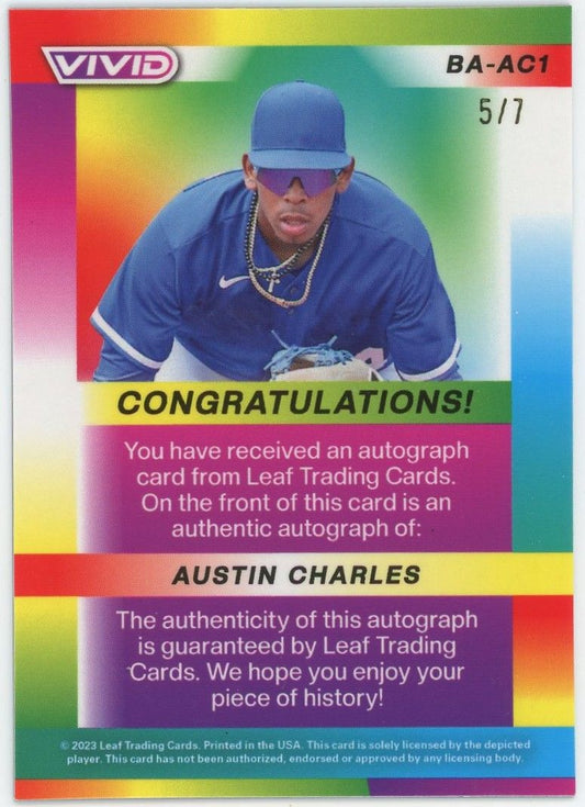 2023 Leaf Vivid Baseball Austin Charles Purple Mojo XRC Auto #5/7 #BA-AC1