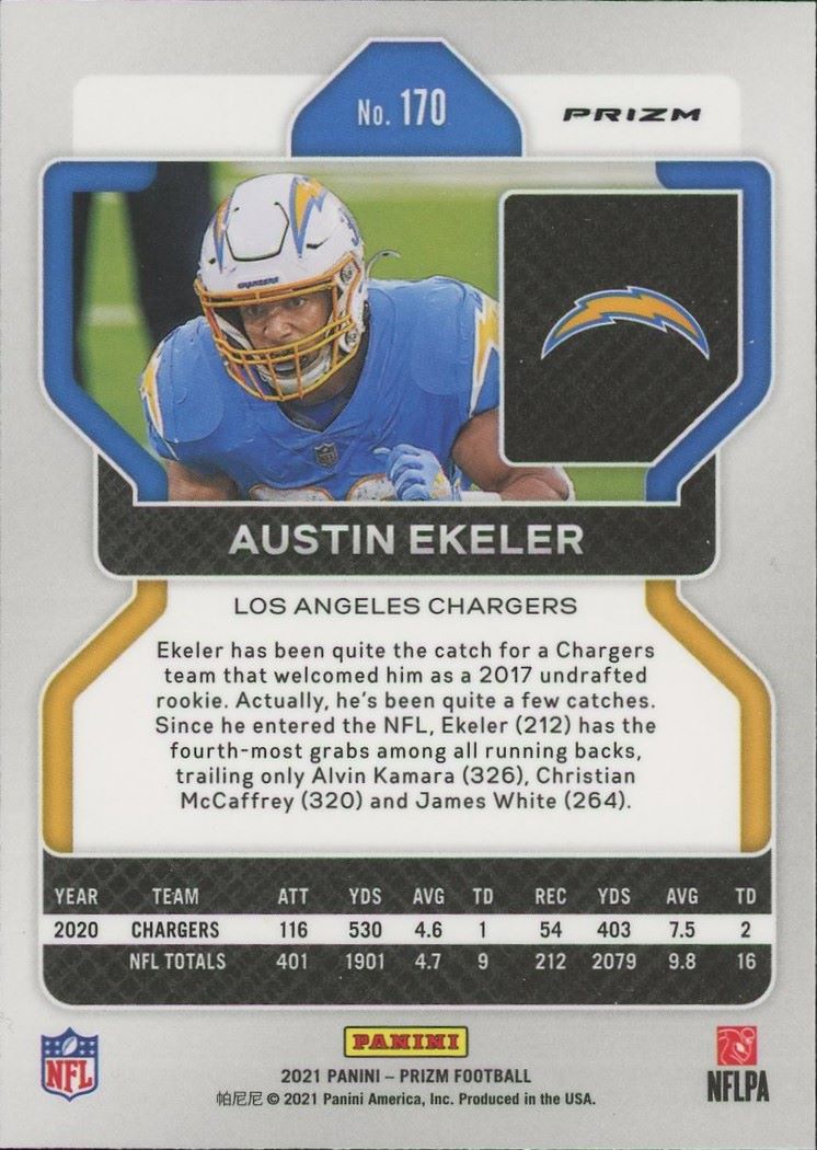 Austin Ekeler 2021 Panini Prizm Silver Prizm #170 Los Angeles Chargers
