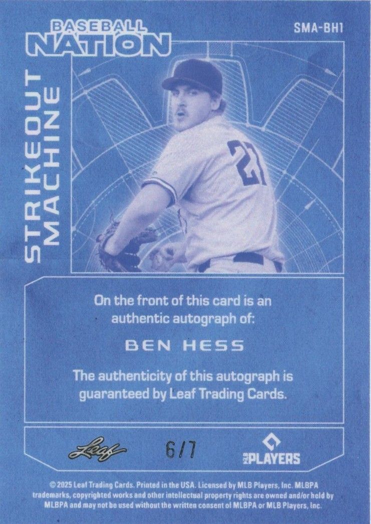 Ben Hess 2025 Leaf Nation Baseball Strikeout Machine Blue Cracked Ice Auto #6/7