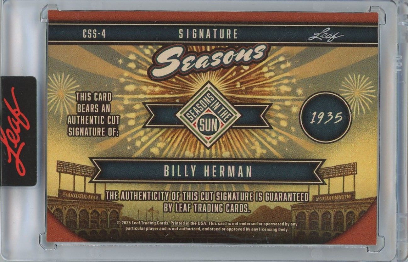 Billy Herman 2025 Leaf Seasons In The Sun Cut Signature #9/15 #CSS-4