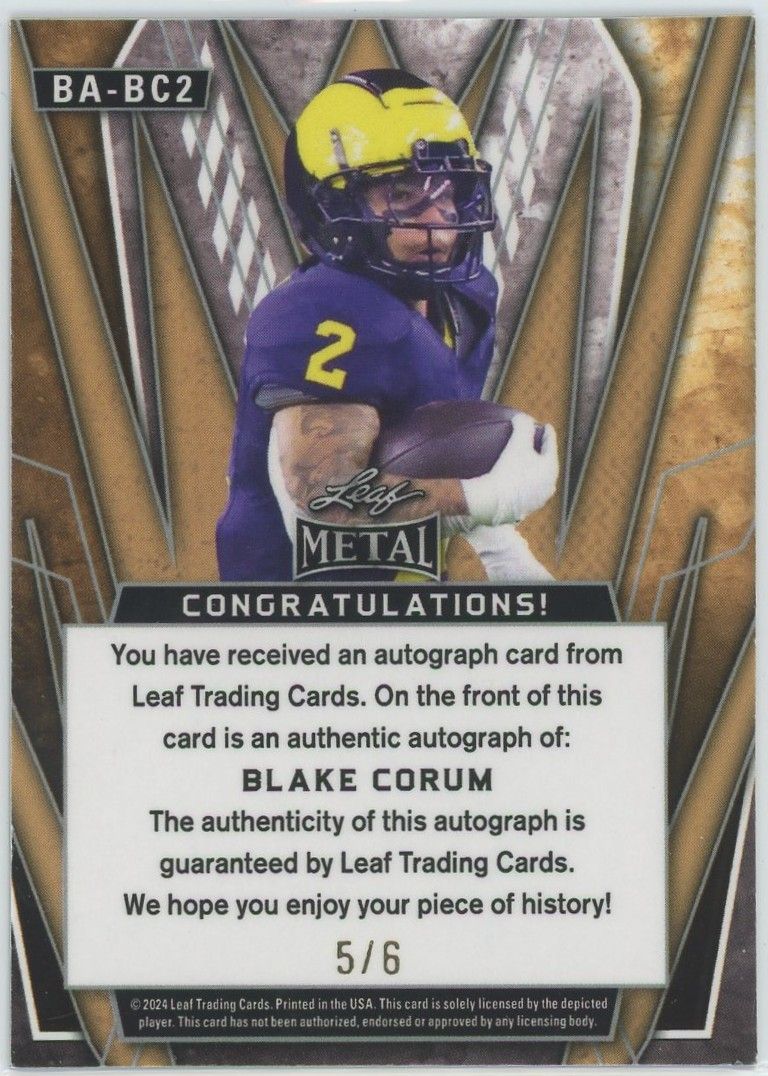2024 Leaf Vivid Blake Corum Orange Mojo Auto #5/6 #BA-BC2