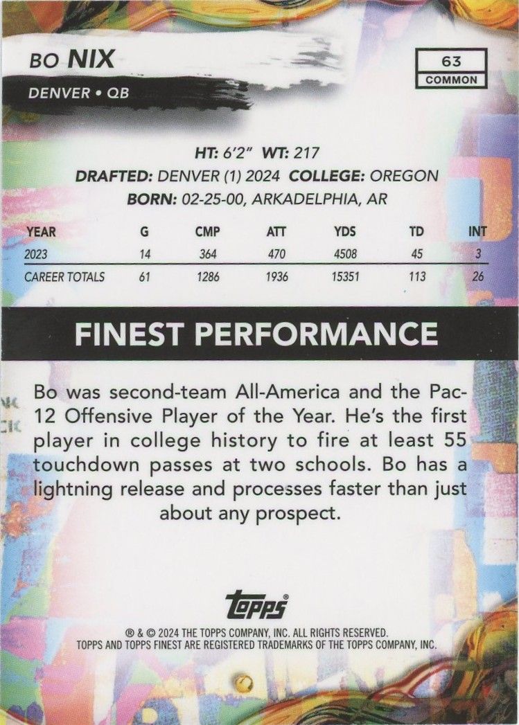 Bo Nix 2024 Topps Finest Rookie RC Denver Broncos #63 Common