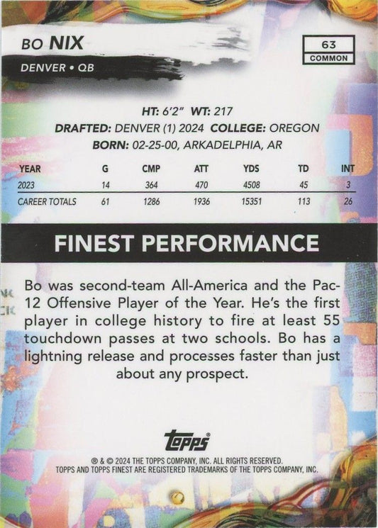 Bo Nix 2024 Topps Finest Rookie RC Denver Broncos #63 Common