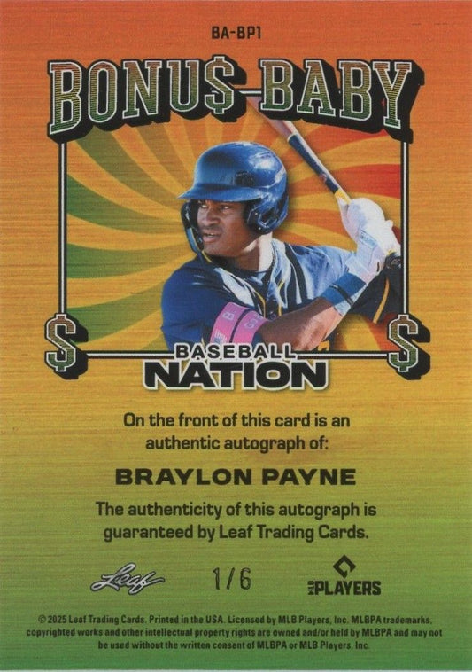 Braylon Payne 2025 Leaf Baseball Nation Bonus Baby Pink Auto #1/6 BA-BP1