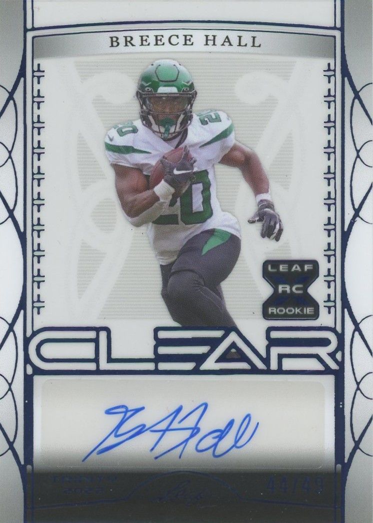 Breece Hall 2022 Leaf Trinity Fottball Clear Blue XRC Rookie Auto #44/49 New York Jets