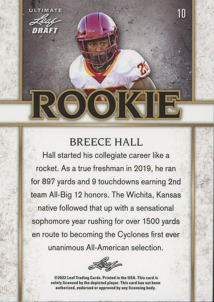 2022 Leaf Ultimate Draft Breece Hall Rookie Platinum Spectrum #/50 #10