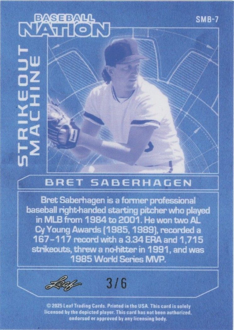 Bret Saberhagen 2025 Leaf Baseball Nation Strikeout Machine Blue Shimmer#3/6 #SMB-7