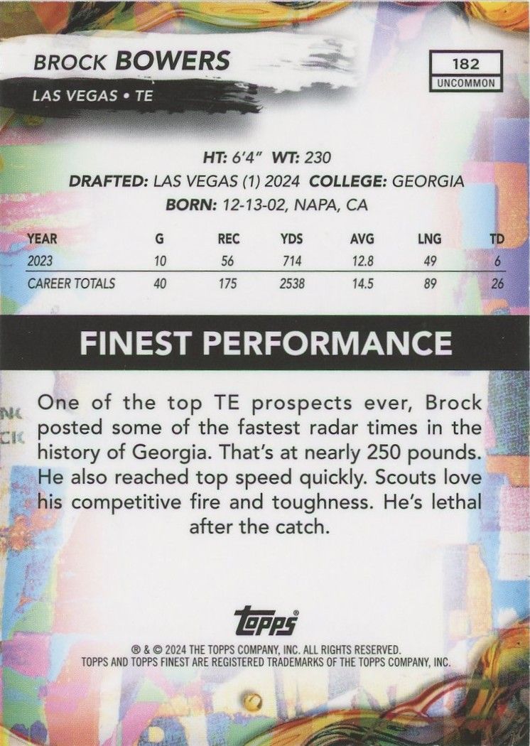 Brock Bowers 2024 Topps Finest RC Rookie #182 Uncommon Las Vegas Raiders