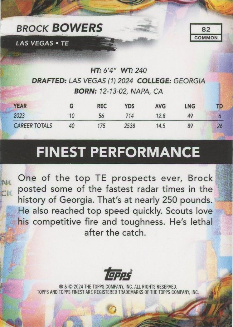 Brock Bowers 2024 Topps Finest Rookie RC #82 Las Vegas Raiders