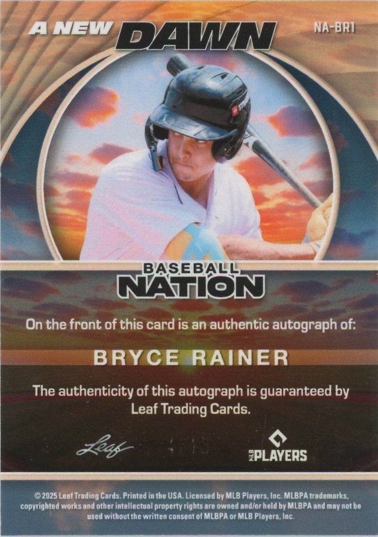 Bryce Rainer 2025 Leaf Baseball Nation A New Dawn Auto #4/15 #NA-BR1