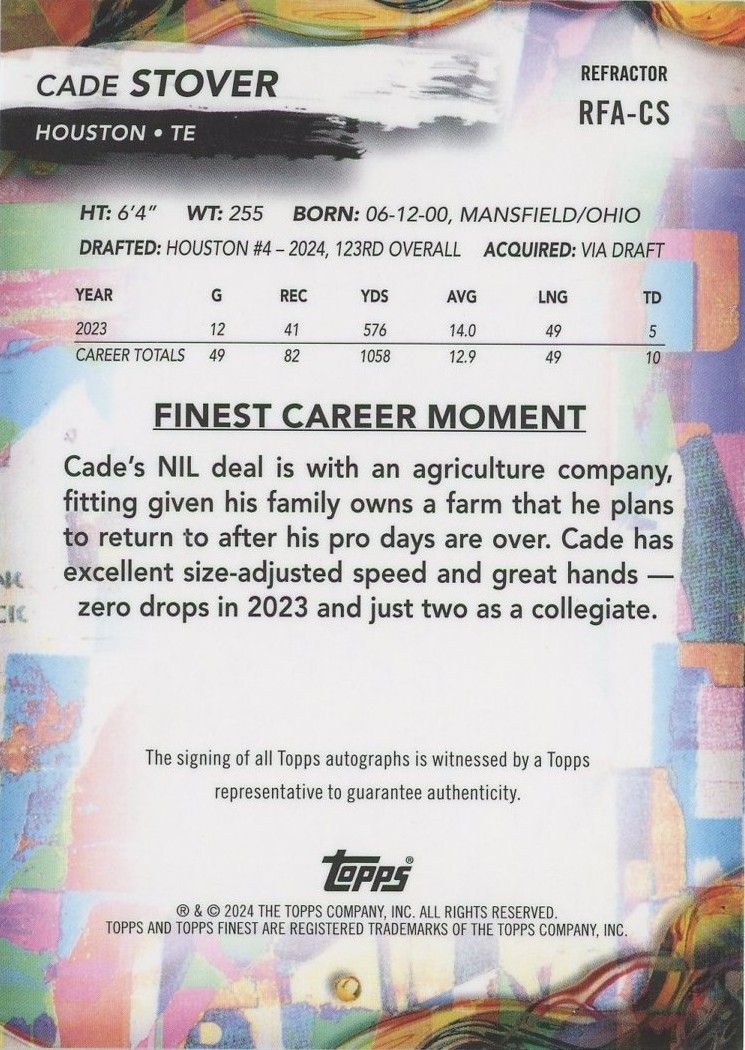 Cade Stover 2024 Topps Finest Refractor Autograph Rookie RC #RFA-CS Texans