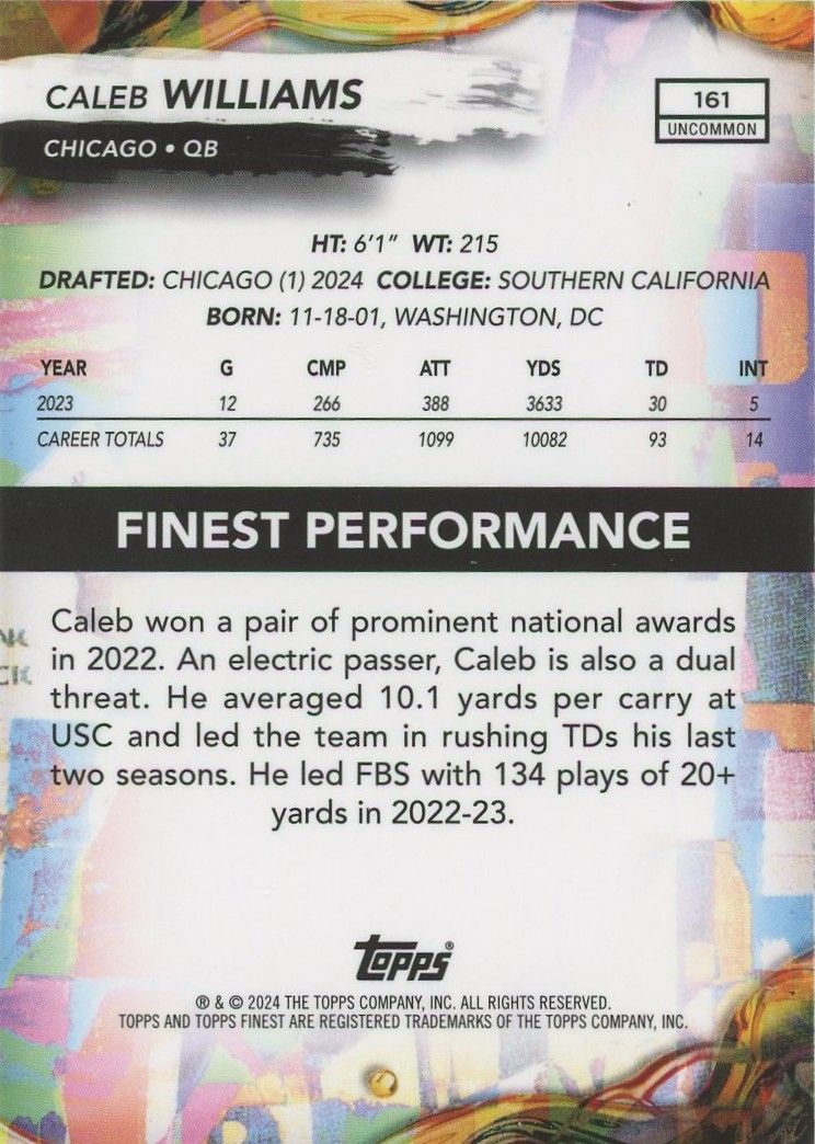 Caleb Williams 2024 Topps Finest Rookie RC #161 Uncommon Chicago Bears