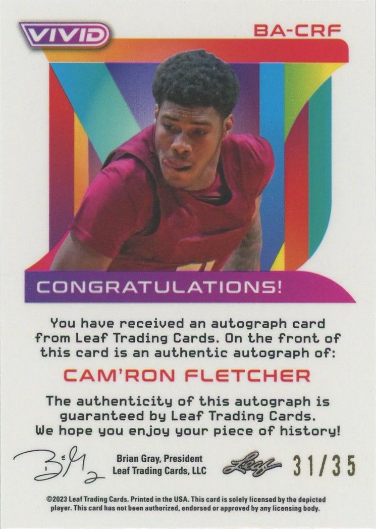 Cam’Ron Fletcher 2022-23 Leaf Vivid Red Auto #31/35 RC #BA-CRF