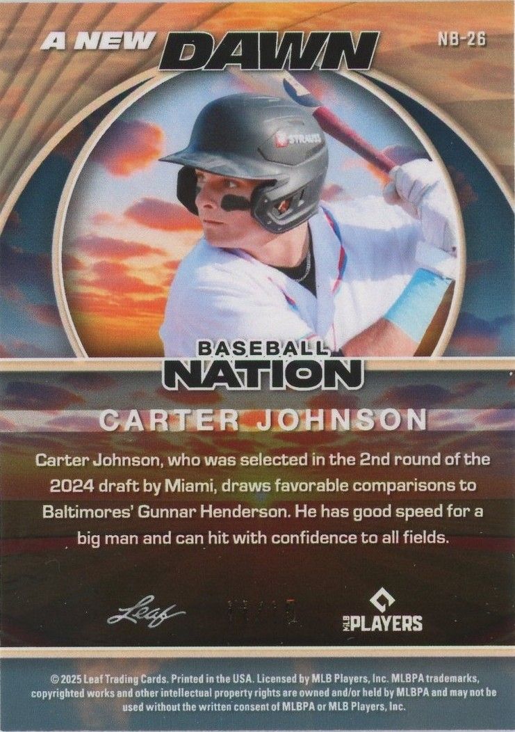 Carter Johnson 2025 Leaf Baseball Nation A New Dawn Silver Shimmer #11/15 #NB-26