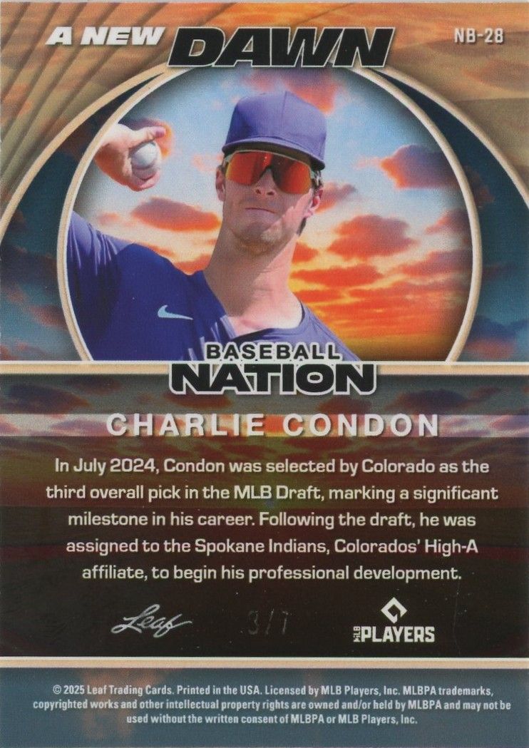 Charlie Condon 2025 Leaf Baseball Nation A New Dawn Purple Cracked Ice #3/7 #NB-28