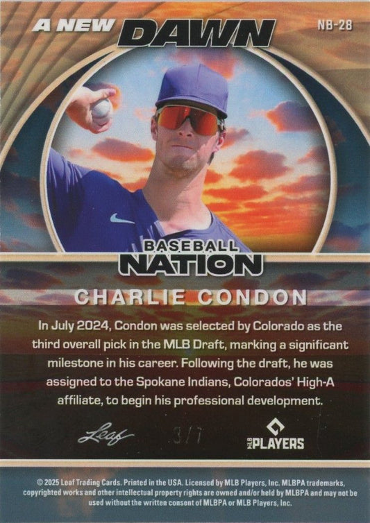 Charlie Condon 2025 Leaf Baseball Nation A New Dawn Purple Cracked Ice #3/7 #NB-28