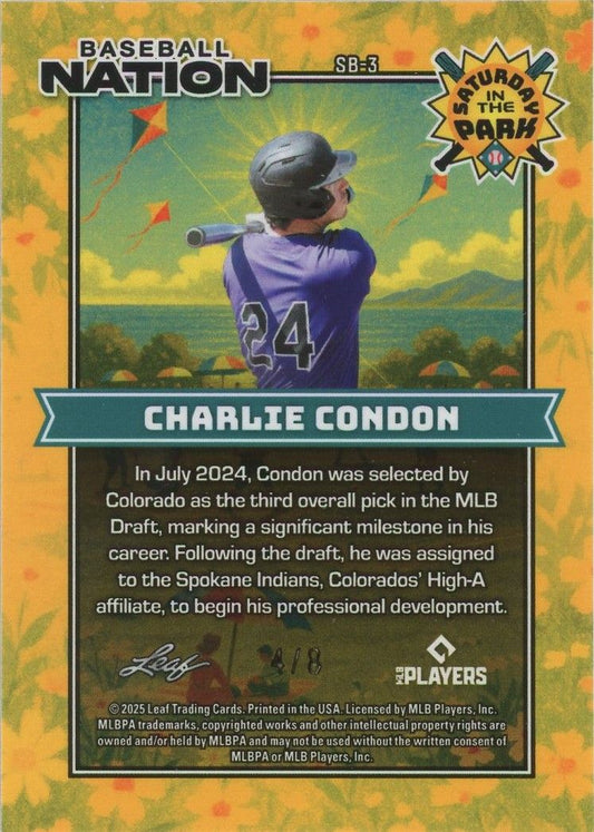 Charlie Condon 2025 Leaf Baseball Nation Saturday in the Park Purple Sparkle #4/8 #SB-3