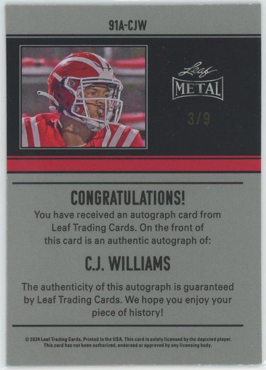 2024 Leaf Metal Football C.J. Williams Orange Auto #3/9 #91A-CJW