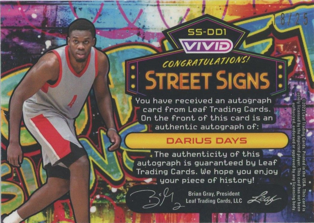 Darius Days 2022-23 Leaf Vivid Street Signs Auto #18/25 #SS-DD1
