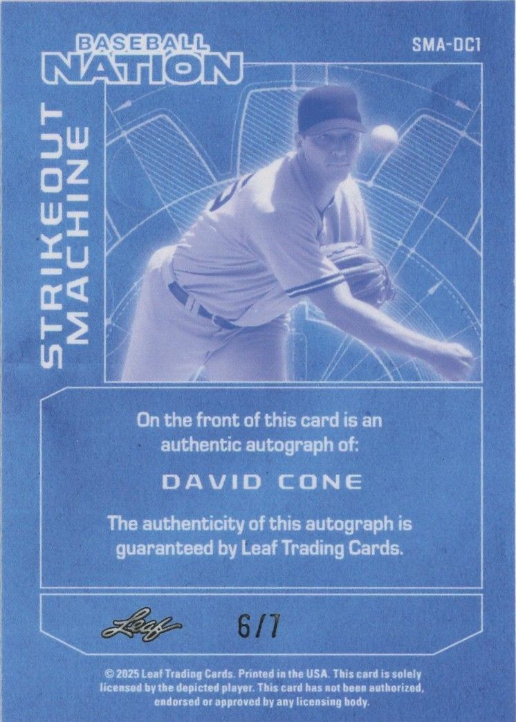 David Cone 2025 Leaf Baseball Nation Strikeout Machine Purple Disco Auto #6/7 #SMA-DC1