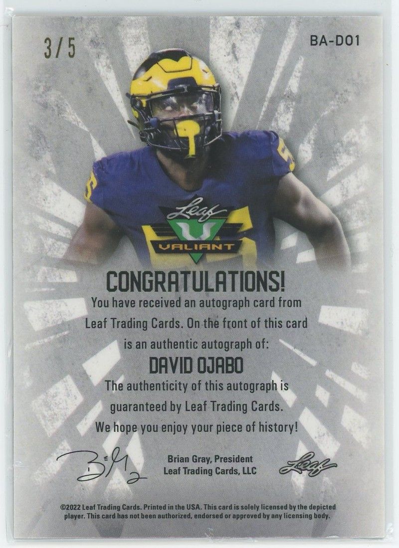 2022 Leaf Valiant Football David Ojabo Cheetah Cracked Ice XRC Auto #3/5 #BA-DO1
