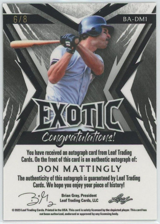 2023 Leaf Exotic Baseball Don Mattingly Tiger Circles Auto #6/8 #BA-DM1 Yankees