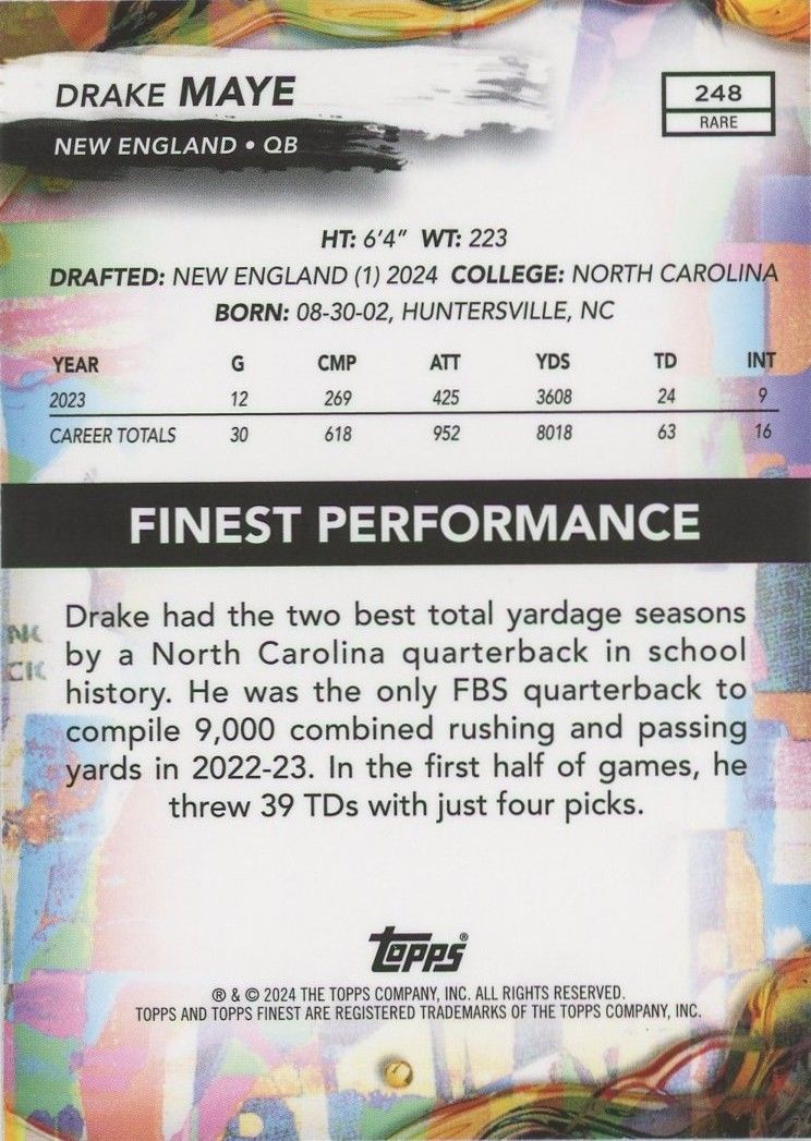 Drake Maye 2024 Topps Finest Checkerboard Rare Rookie RC #248