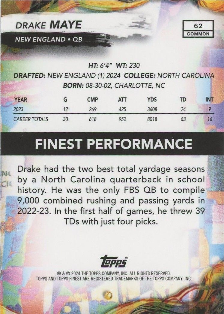 Drake Maye 2024 Topps Finest RC #62 New England Patriots