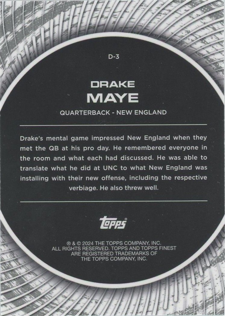 Drake Maye 2024 Topps Finest Debuts RC #D-3 Patriots
