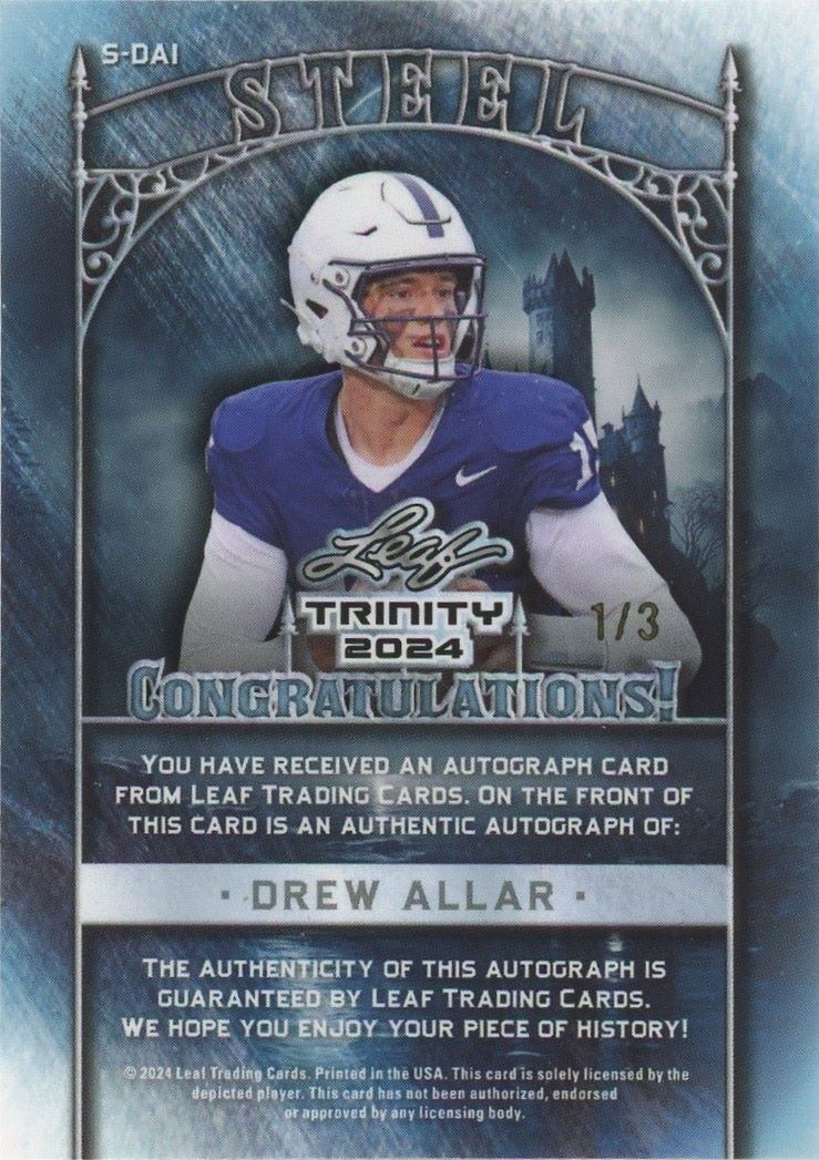 Drew Allar 2024 Leaf Trinity Red Lava Steel Iron Auto #1/3 #S-DAI