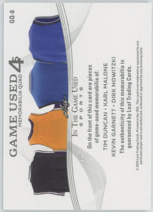2025 Leaf In The Game Used Sports Duncan/Malone/Garnett/Nowitzki Quad Patch #4/8