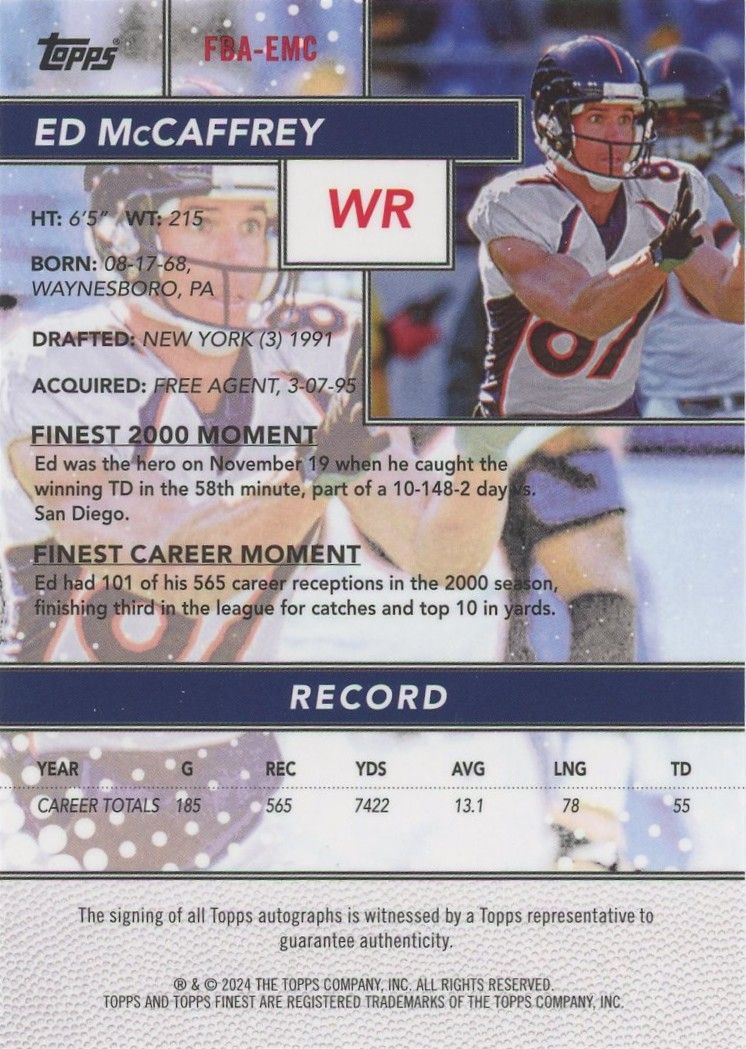Ed McCaffrey 2024 Topps Finest Refractor Auto #14/25 #FBA-EMC Broncos