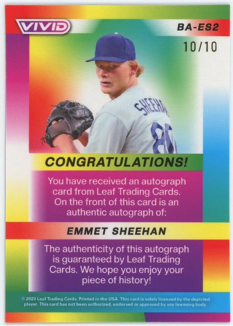 2023 Leaf Vivid Baseball Emmet Sheehan Cracked Ice Auto #10/10 #BA-ES2