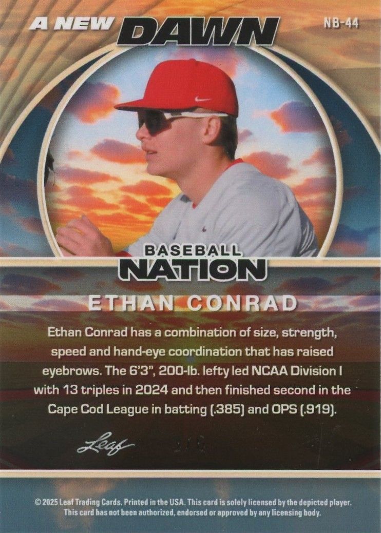 Ethan Conrad 2025 Leaf Baseball Nation A New Dawn Pink Shimmer #3/6 #NB-44