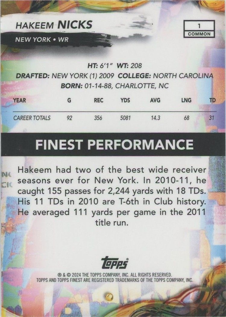 Hakeem Nicks 2024 Topps Finest Blue #15/200 #1 - Giants