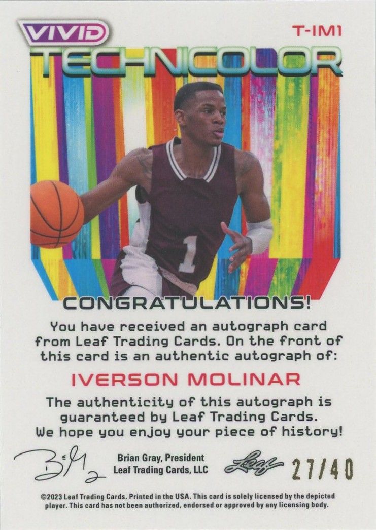 Iverson Molinar 2022-23 Leaf Vivid Technicolor Autographs #27/40 #T-IM1