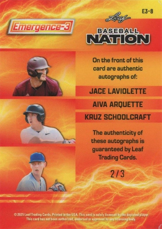 Jace Laviolette/Aiva Arquette/Kruz Schoolcraft 2025 Leaf Nation Silver Auto #2/3 #E3-8