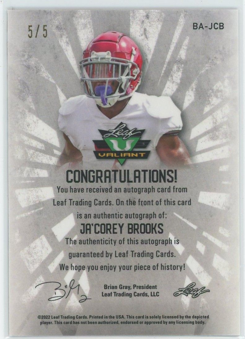 2022 Leaf Valiant Football Ja'Corey Brooks Orange Cracked Ice Auto #5/5 #BA-JCB